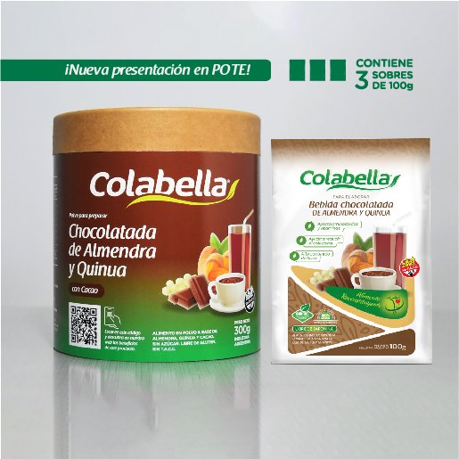 bebida chocolatada almendras y quinoa en formato pote y sobre