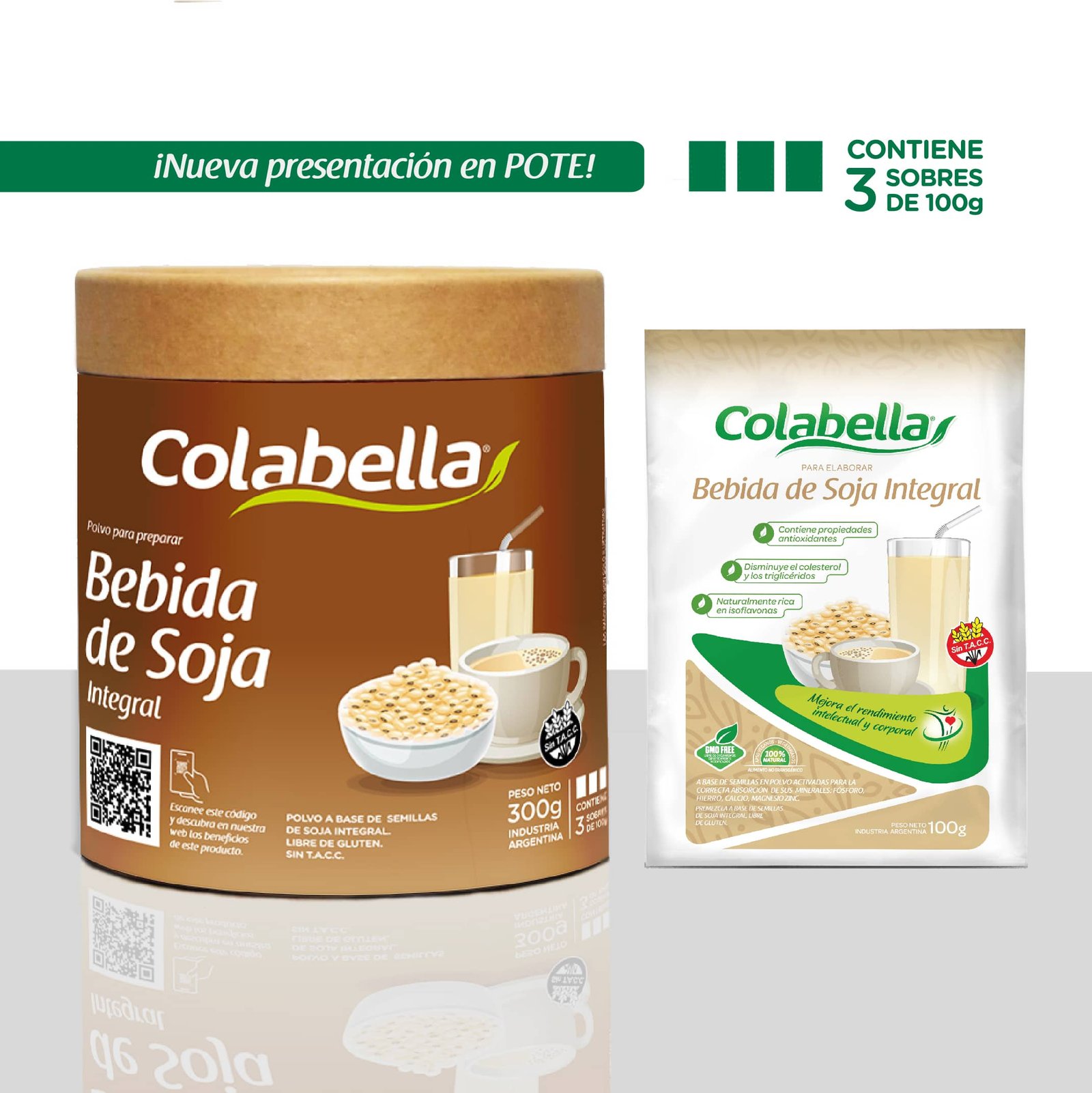 Bebidad de Soja en formato: Pote de 300g y sobre de 100g