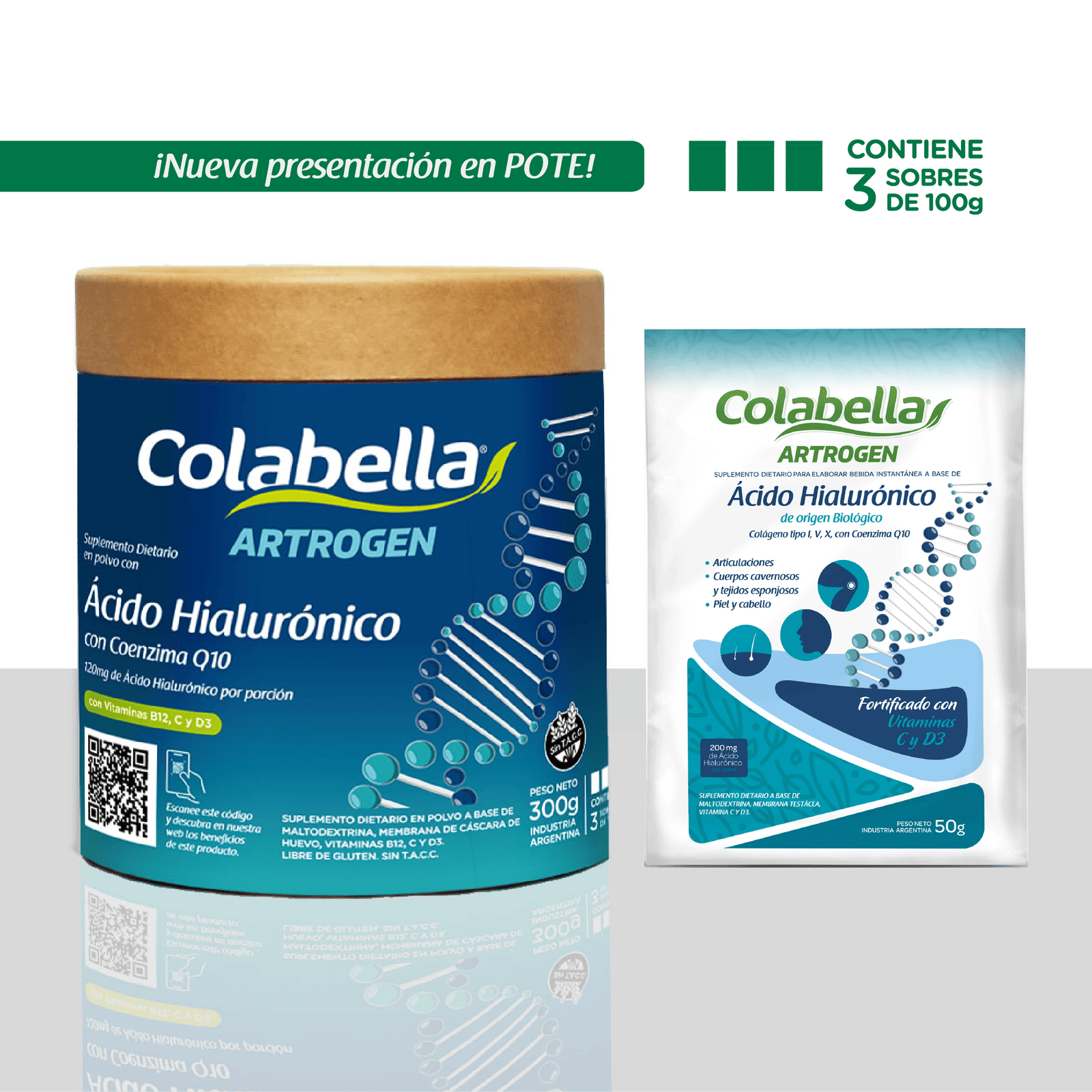 Presentación en pote y sobre de Ácido Hialurónico